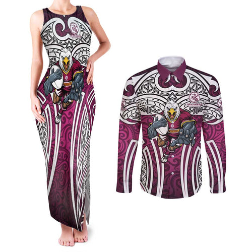 Manly Warringah Sea Eagles Rugby Couples Matching Tank Maxi Dress and Long Sleeve Button Shirt Polynesian Tribal Eagle Warrior Maroon Pattern