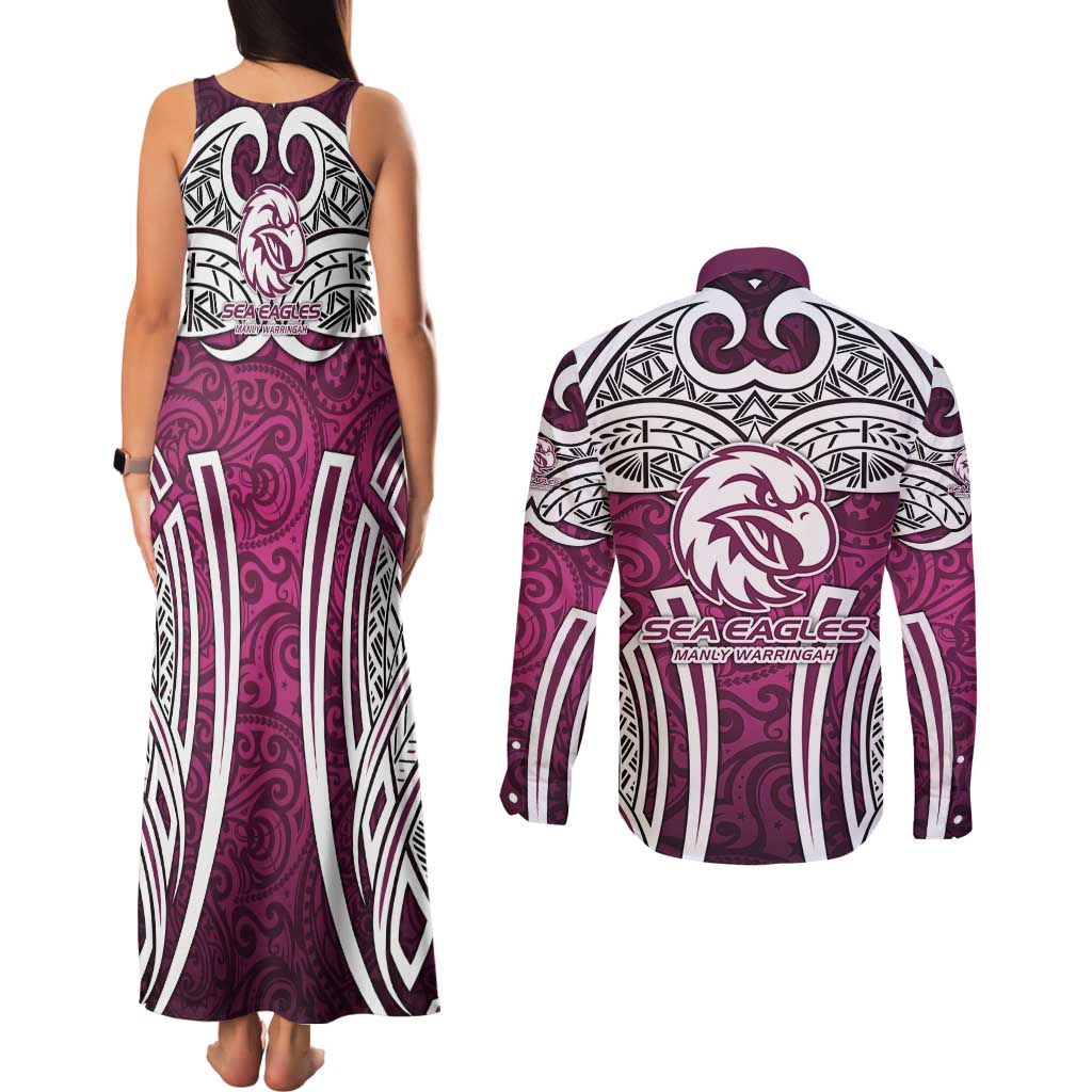 Manly Warringah Sea Eagles Rugby Couples Matching Tank Maxi Dress and Long Sleeve Button Shirt Polynesian Tribal Eagle Warrior Maroon Pattern