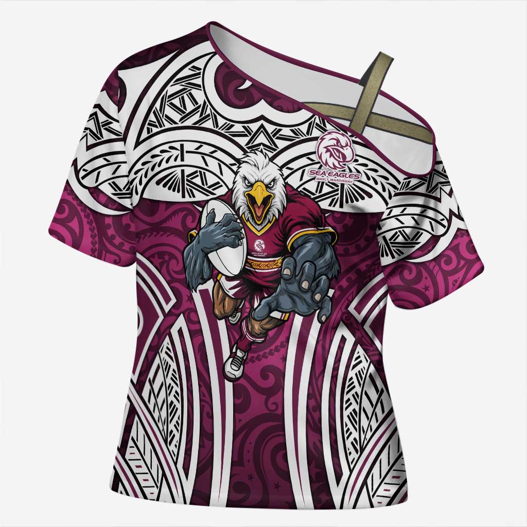 Manly Warringah Sea Eagles Rugby Cross Shoulder Shirt Polynesian Tribal Eagle Warrior Maroon Pattern