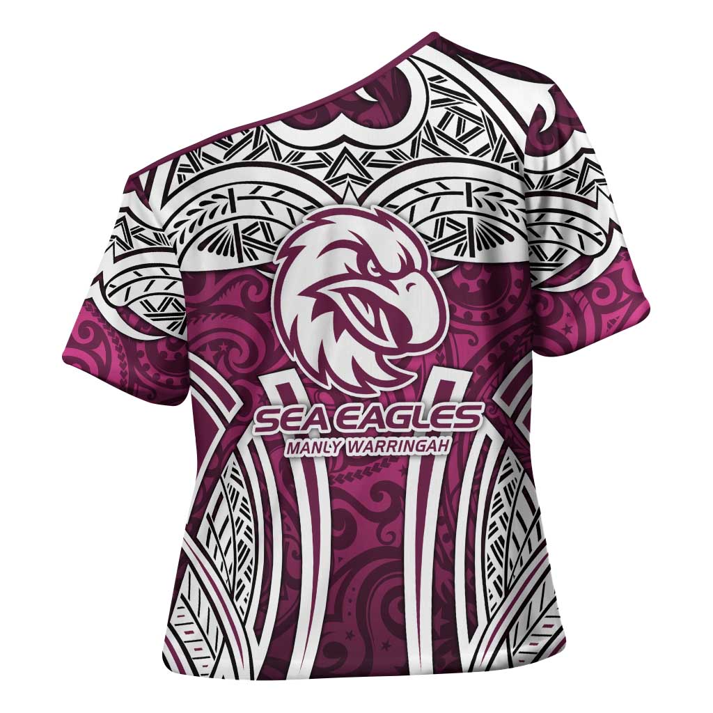 Manly Warringah Sea Eagles Rugby Cross Shoulder Shirt Polynesian Tribal Eagle Warrior Maroon Pattern