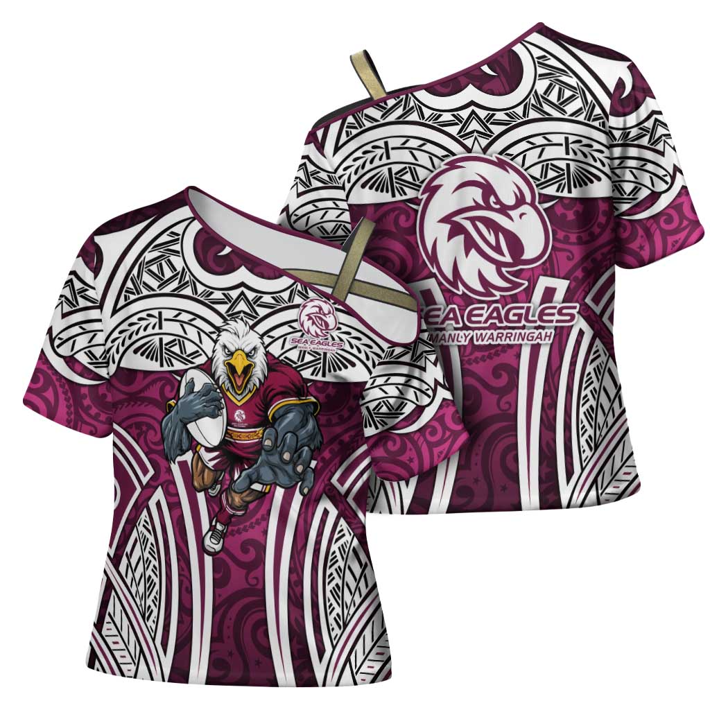 Manly Warringah Sea Eagles Rugby Cross Shoulder Shirt Polynesian Tribal Eagle Warrior Maroon Pattern