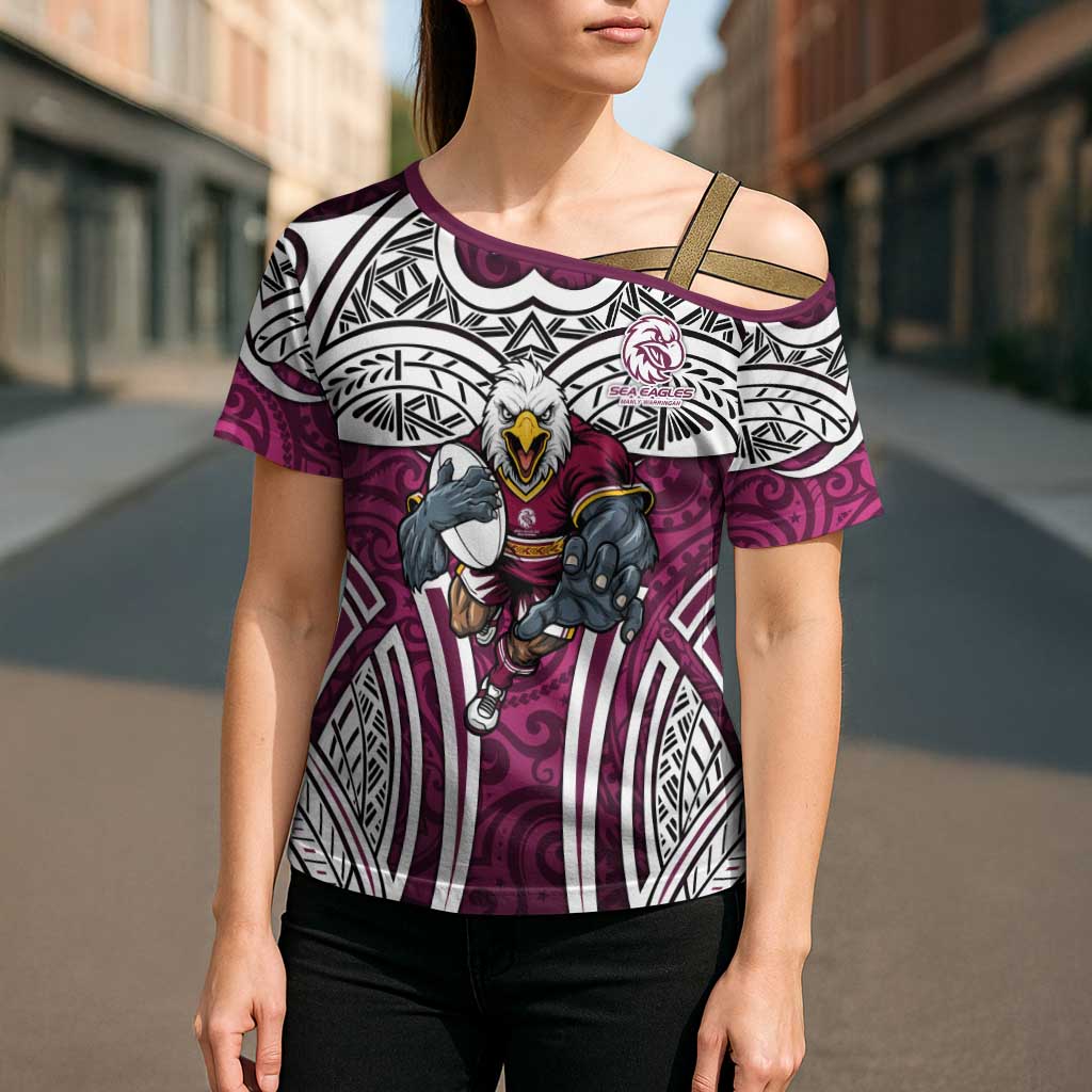 Manly Warringah Sea Eagles Rugby Cross Shoulder Shirt Polynesian Tribal Eagle Warrior Maroon Pattern