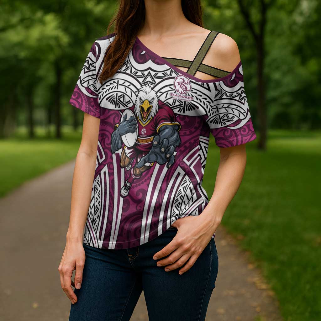 Manly Warringah Sea Eagles Rugby Cross Shoulder Shirt Polynesian Tribal Eagle Warrior Maroon Pattern
