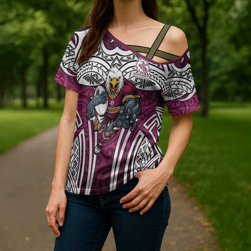 Manly Warringah Sea Eagles Rugby Cross Shoulder Shirt Polynesian Tribal Eagle Warrior Maroon Pattern