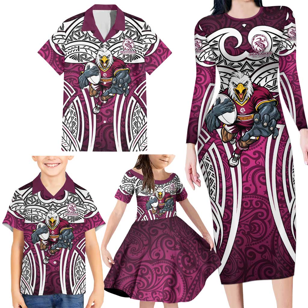 Manly Warringah Sea Eagles Rugby Family Matching Long Sleeve Bodycon Dress and Hawaiian Shirt Polynesian Tribal Eagle Warrior Maroon Pattern