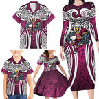 Manly Warringah Sea Eagles Rugby Family Matching Long Sleeve Bodycon Dress and Hawaiian Shirt Polynesian Tribal Eagle Warrior Maroon Pattern