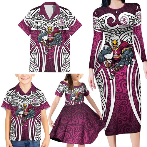 Manly Warringah Sea Eagles Rugby Family Matching Long Sleeve Bodycon Dress and Hawaiian Shirt Polynesian Tribal Eagle Warrior Maroon Pattern