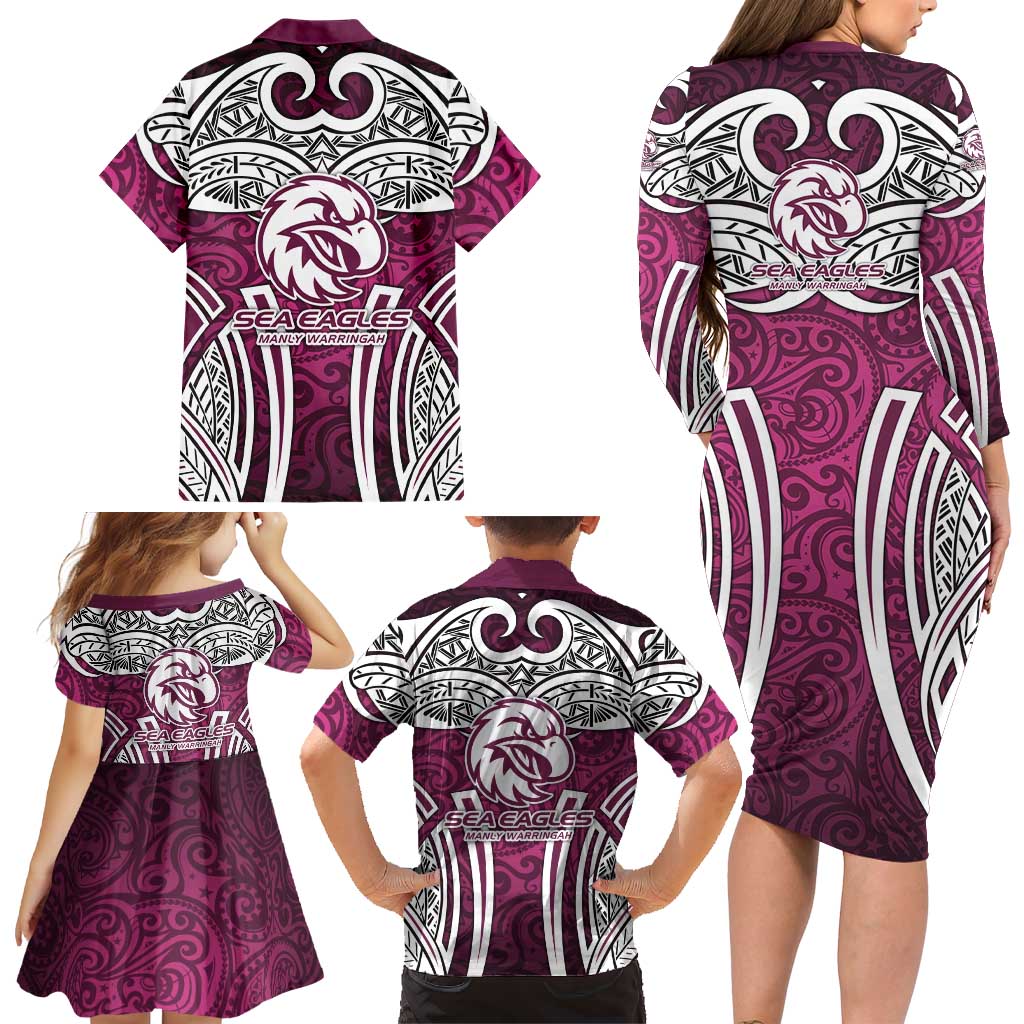 Manly Warringah Sea Eagles Rugby Family Matching Long Sleeve Bodycon Dress and Hawaiian Shirt Polynesian Tribal Eagle Warrior Maroon Pattern