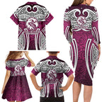 Manly Warringah Sea Eagles Rugby Family Matching Long Sleeve Bodycon Dress and Hawaiian Shirt Polynesian Tribal Eagle Warrior Maroon Pattern