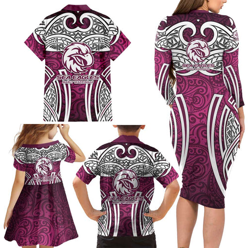 Manly Warringah Sea Eagles Rugby Family Matching Long Sleeve Bodycon Dress and Hawaiian Shirt Polynesian Tribal Eagle Warrior Maroon Pattern