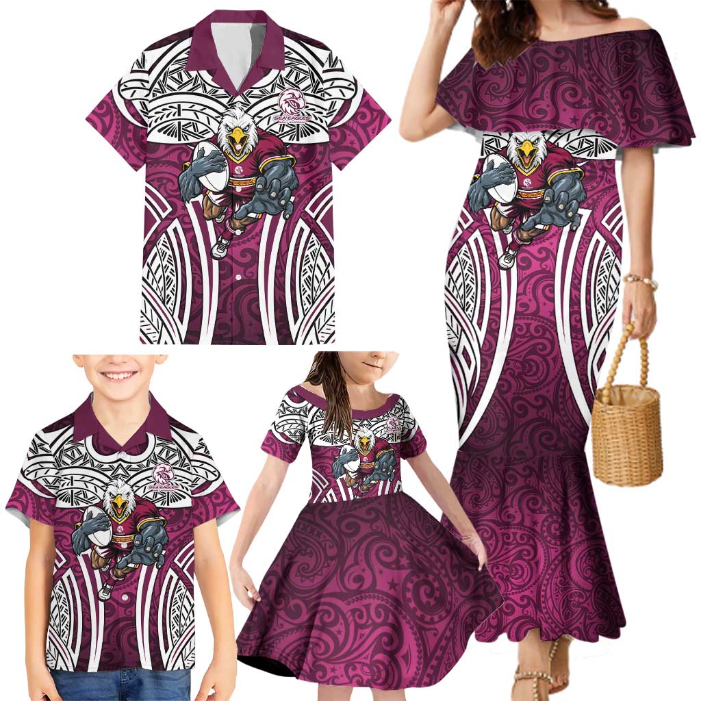 Manly Warringah Sea Eagles Rugby Family Matching Mermaid Dress and Hawaiian Shirt Polynesian Tribal Eagle Warrior Maroon Pattern