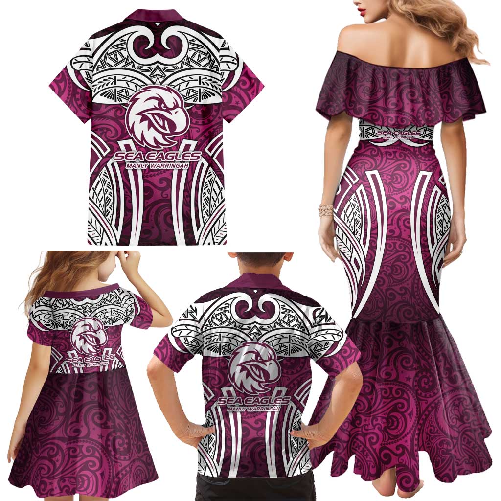 Manly Warringah Sea Eagles Rugby Family Matching Mermaid Dress and Hawaiian Shirt Polynesian Tribal Eagle Warrior Maroon Pattern