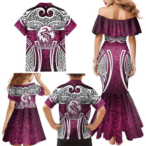 Manly Warringah Sea Eagles Rugby Family Matching Mermaid Dress and Hawaiian Shirt Polynesian Tribal Eagle Warrior Maroon Pattern