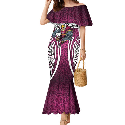 Manly Warringah Sea Eagles Rugby Family Matching Mermaid Dress and Hawaiian Shirt Polynesian Tribal Eagle Warrior Maroon Pattern