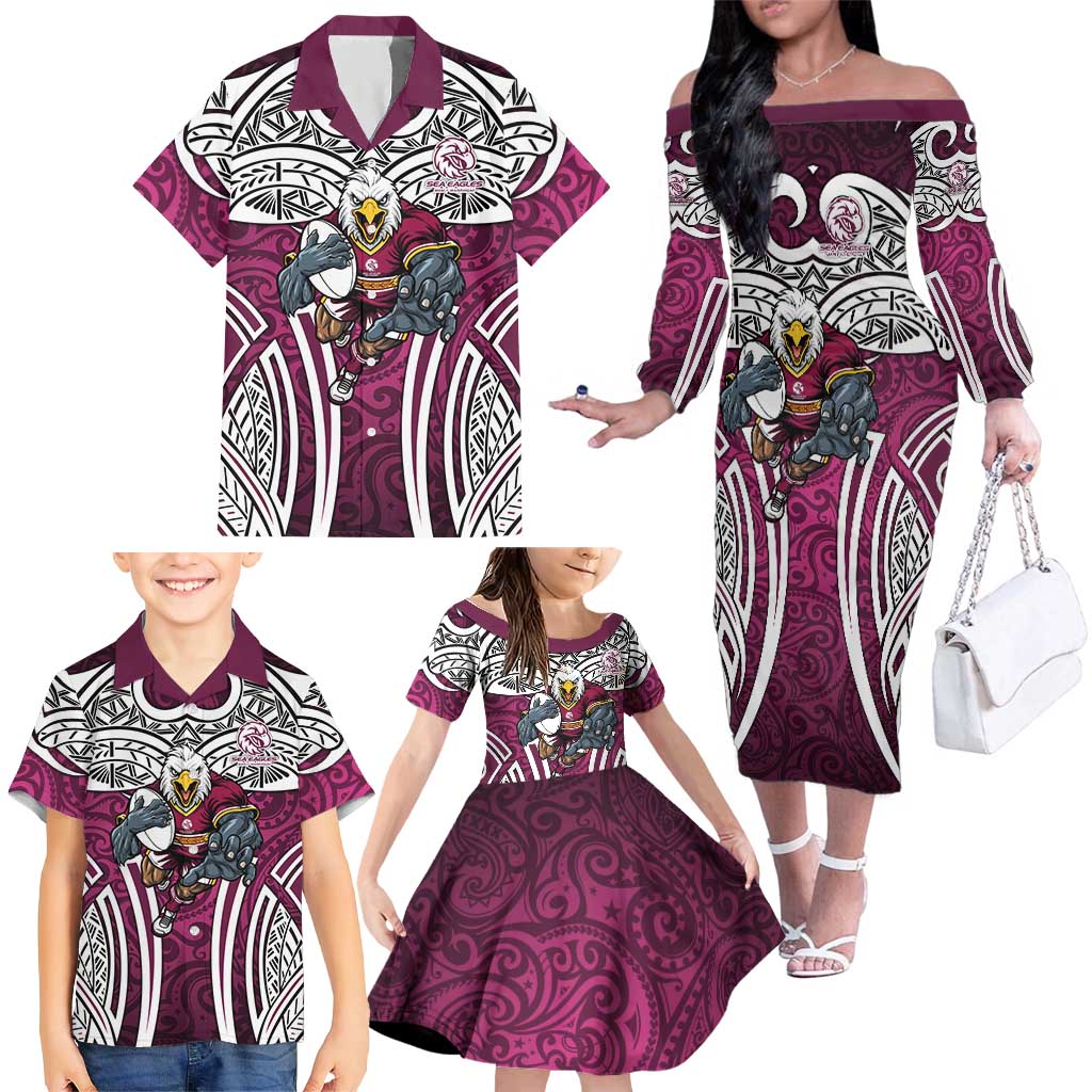 Manly Warringah Sea Eagles Rugby Family Matching Off The Shoulder Long Sleeve Dress and Hawaiian Shirt Polynesian Tribal Eagle Warrior Maroon Pattern