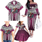 Manly Warringah Sea Eagles Rugby Family Matching Off The Shoulder Long Sleeve Dress and Hawaiian Shirt Polynesian Tribal Eagle Warrior Maroon Pattern