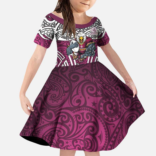 Manly Warringah Sea Eagles Rugby Family Matching Off The Shoulder Long Sleeve Dress and Hawaiian Shirt Polynesian Tribal Eagle Warrior Maroon Pattern