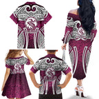 Manly Warringah Sea Eagles Rugby Family Matching Off The Shoulder Long Sleeve Dress and Hawaiian Shirt Polynesian Tribal Eagle Warrior Maroon Pattern