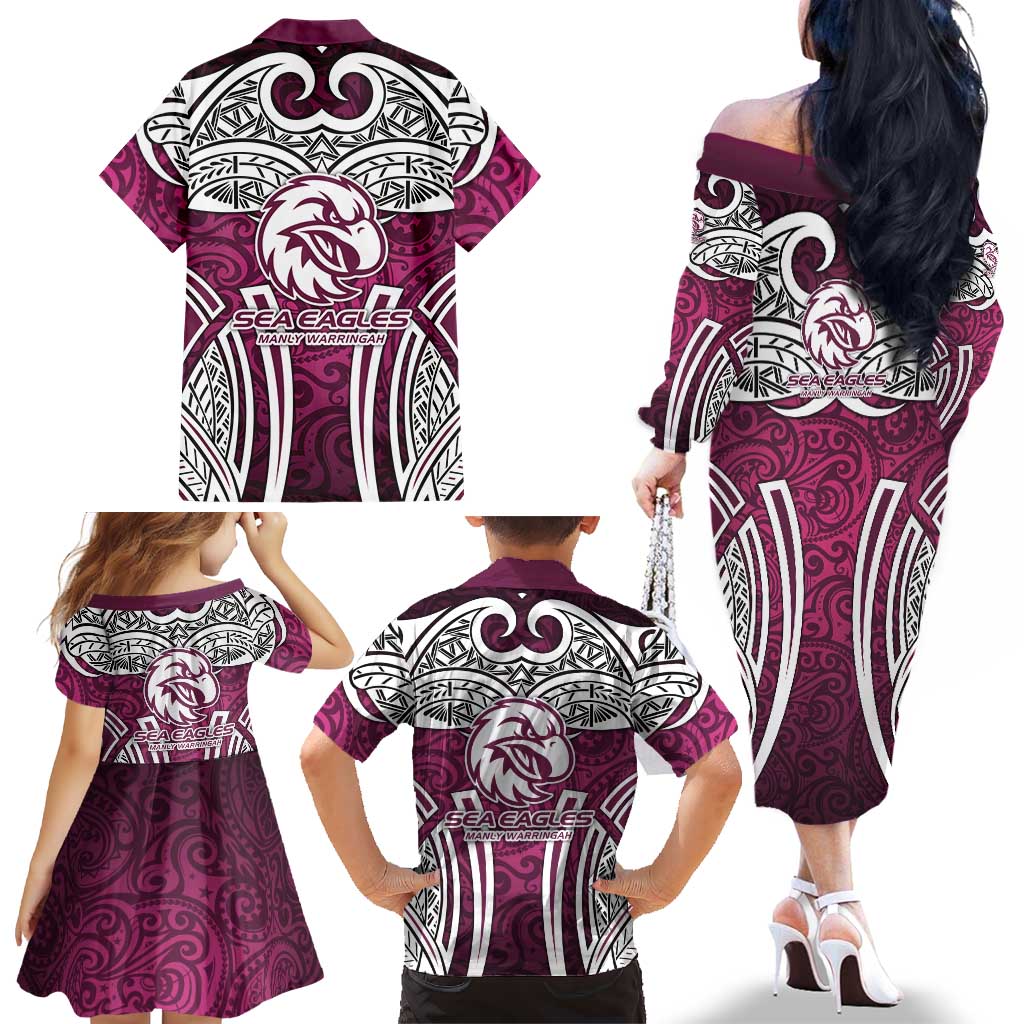 Manly Warringah Sea Eagles Rugby Family Matching Off The Shoulder Long Sleeve Dress and Hawaiian Shirt Polynesian Tribal Eagle Warrior Maroon Pattern