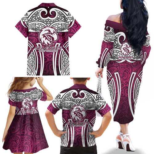 Manly Warringah Sea Eagles Rugby Family Matching Off The Shoulder Long Sleeve Dress and Hawaiian Shirt Polynesian Tribal Eagle Warrior Maroon Pattern