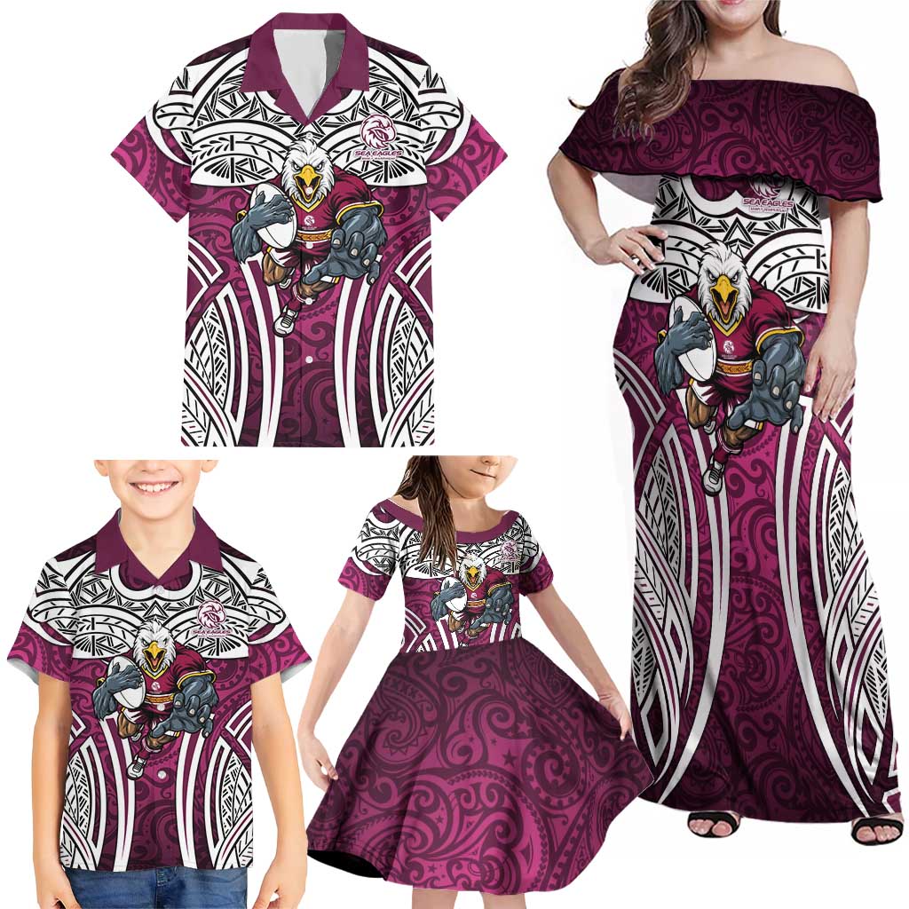 Manly Warringah Sea Eagles Rugby Family Matching Off Shoulder Maxi Dress and Hawaiian Shirt Polynesian Tribal Eagle Warrior Maroon Pattern