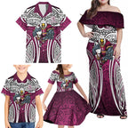 Manly Warringah Sea Eagles Rugby Family Matching Off Shoulder Maxi Dress and Hawaiian Shirt Polynesian Tribal Eagle Warrior Maroon Pattern