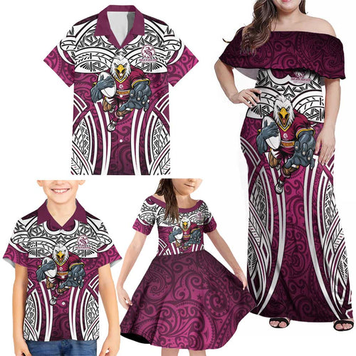 Manly Warringah Sea Eagles Rugby Family Matching Off Shoulder Maxi Dress and Hawaiian Shirt Polynesian Tribal Eagle Warrior Maroon Pattern
