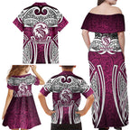 Manly Warringah Sea Eagles Rugby Family Matching Off Shoulder Maxi Dress and Hawaiian Shirt Polynesian Tribal Eagle Warrior Maroon Pattern