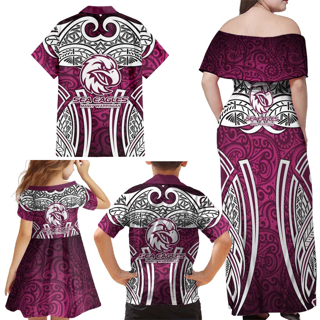 Manly Warringah Sea Eagles Rugby Family Matching Off Shoulder Maxi Dress and Hawaiian Shirt Polynesian Tribal Eagle Warrior Maroon Pattern