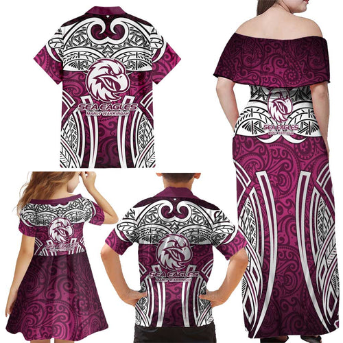 Manly Warringah Sea Eagles Rugby Family Matching Off Shoulder Maxi Dress and Hawaiian Shirt Polynesian Tribal Eagle Warrior Maroon Pattern