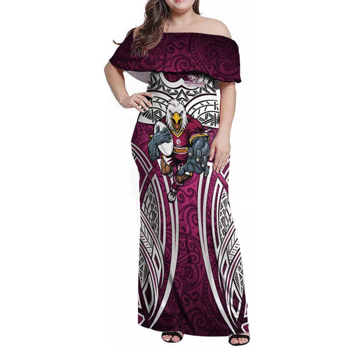 Manly Warringah Sea Eagles Rugby Family Matching Off Shoulder Maxi Dress and Hawaiian Shirt Polynesian Tribal Eagle Warrior Maroon Pattern