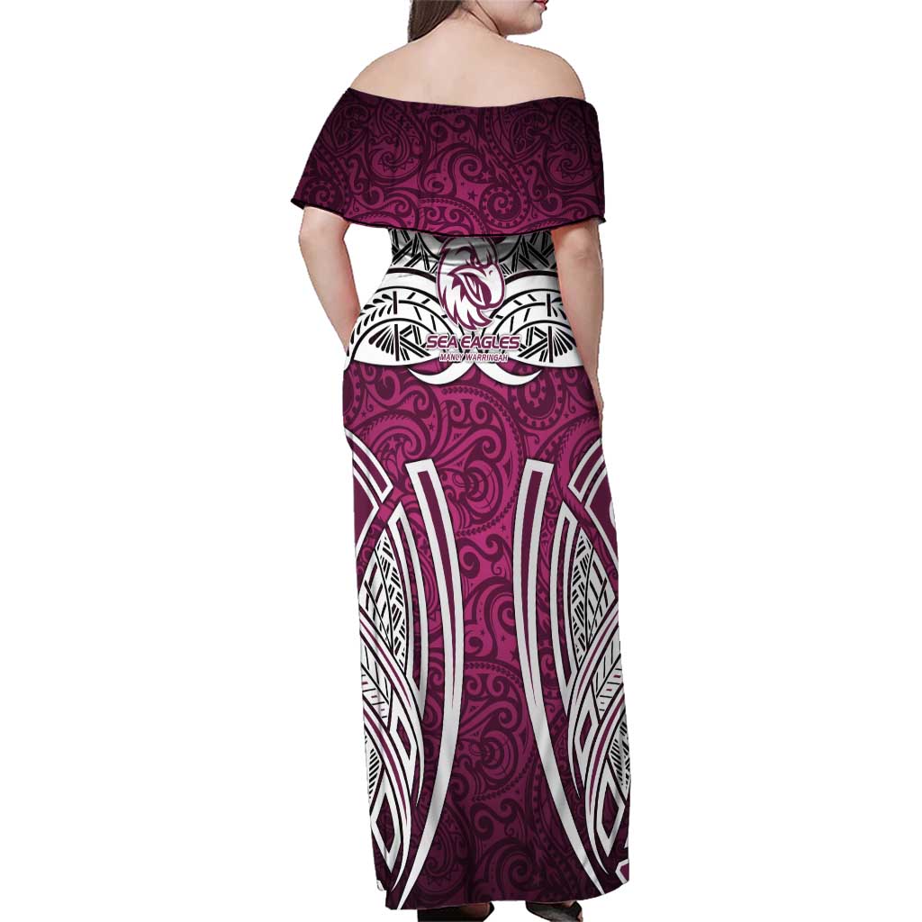 Manly Warringah Sea Eagles Rugby Family Matching Off Shoulder Maxi Dress and Hawaiian Shirt Polynesian Tribal Eagle Warrior Maroon Pattern