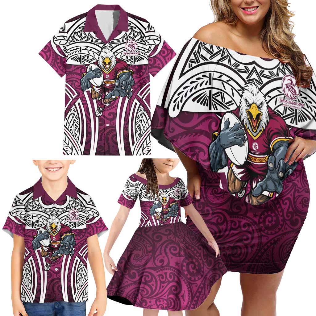 Manly Warringah Sea Eagles Rugby Family Matching Off Shoulder Short Dress and Hawaiian Shirt Polynesian Tribal Eagle Warrior Maroon Pattern