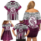 Manly Warringah Sea Eagles Rugby Family Matching Off Shoulder Short Dress and Hawaiian Shirt Polynesian Tribal Eagle Warrior Maroon Pattern