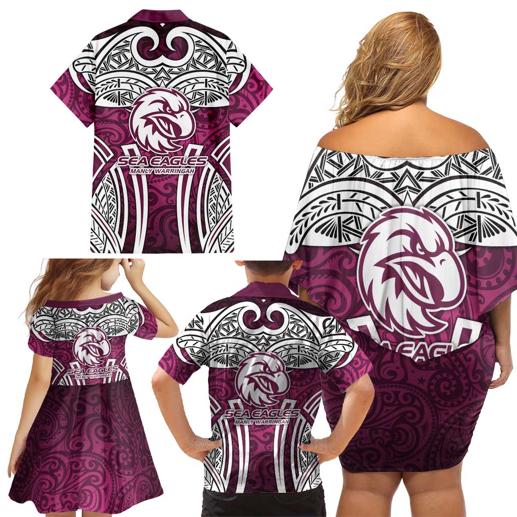 Manly Warringah Sea Eagles Rugby Family Matching Off Shoulder Short Dress and Hawaiian Shirt Polynesian Tribal Eagle Warrior Maroon Pattern