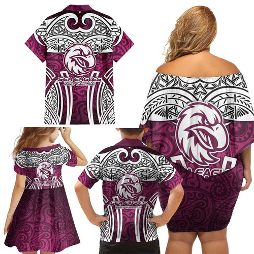 Manly Warringah Sea Eagles Rugby Family Matching Off Shoulder Short Dress and Hawaiian Shirt Polynesian Tribal Eagle Warrior Maroon Pattern