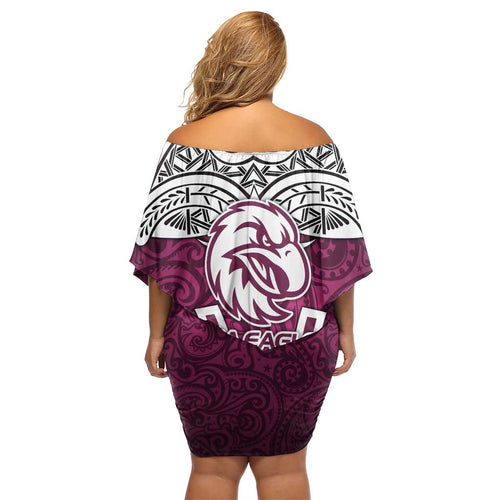 Manly Warringah Sea Eagles Rugby Family Matching Off Shoulder Short Dress and Hawaiian Shirt Polynesian Tribal Eagle Warrior Maroon Pattern