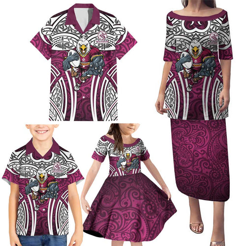 Manly Warringah Sea Eagles Rugby Family Matching Puletasi and Hawaiian Shirt Polynesian Tribal Eagle Warrior Maroon Pattern