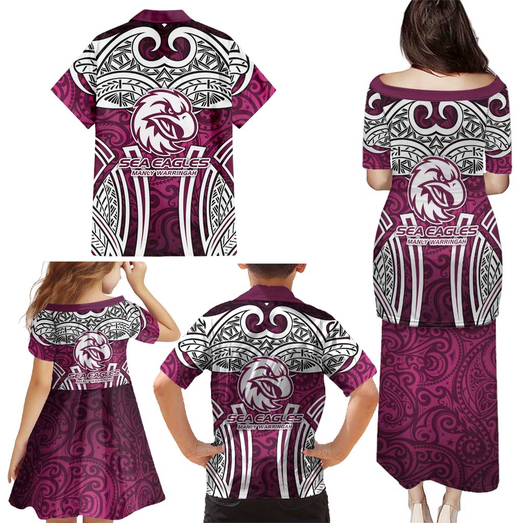 Manly Warringah Sea Eagles Rugby Family Matching Puletasi and Hawaiian Shirt Polynesian Tribal Eagle Warrior Maroon Pattern