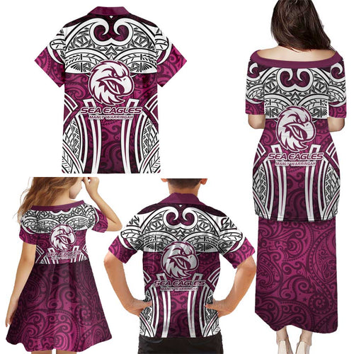Manly Warringah Sea Eagles Rugby Family Matching Puletasi and Hawaiian Shirt Polynesian Tribal Eagle Warrior Maroon Pattern