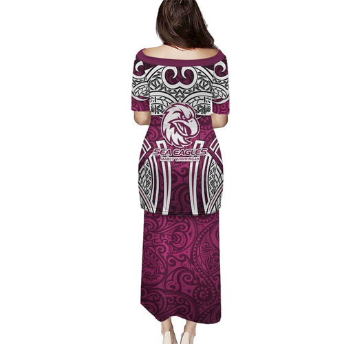 Manly Warringah Sea Eagles Rugby Family Matching Puletasi and Hawaiian Shirt Polynesian Tribal Eagle Warrior Maroon Pattern
