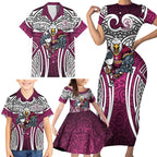 Manly Warringah Sea Eagles Rugby Family Matching Short Sleeve Bodycon Dress and Hawaiian Shirt Polynesian Tribal Eagle Warrior Maroon Pattern