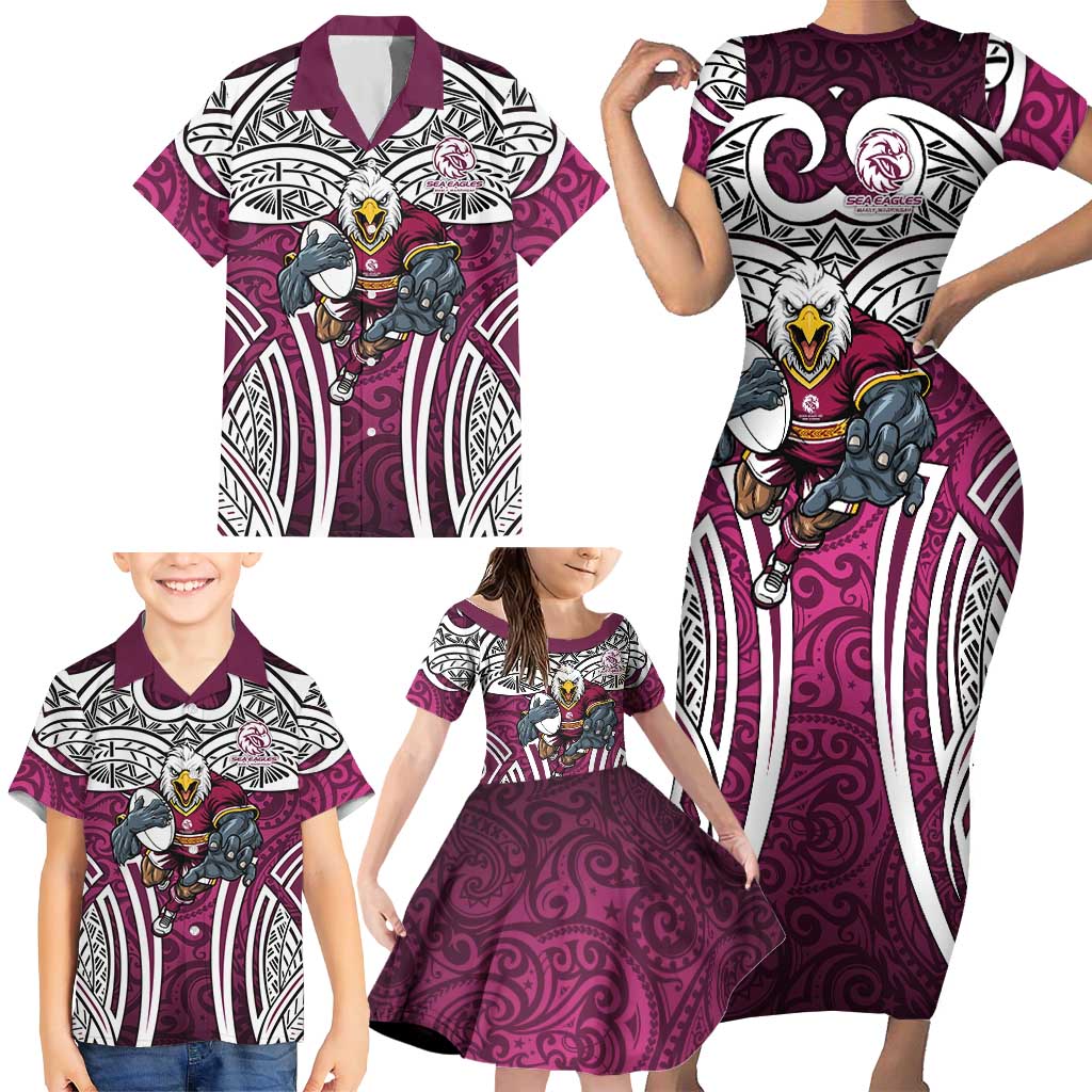 Manly Warringah Sea Eagles Rugby Family Matching Short Sleeve Bodycon Dress and Hawaiian Shirt Polynesian Tribal Eagle Warrior Maroon Pattern