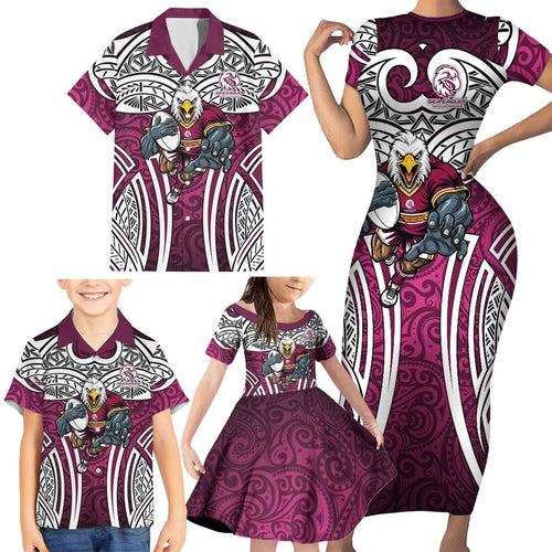 Manly Warringah Sea Eagles Rugby Family Matching Short Sleeve Bodycon Dress and Hawaiian Shirt Polynesian Tribal Eagle Warrior Maroon Pattern