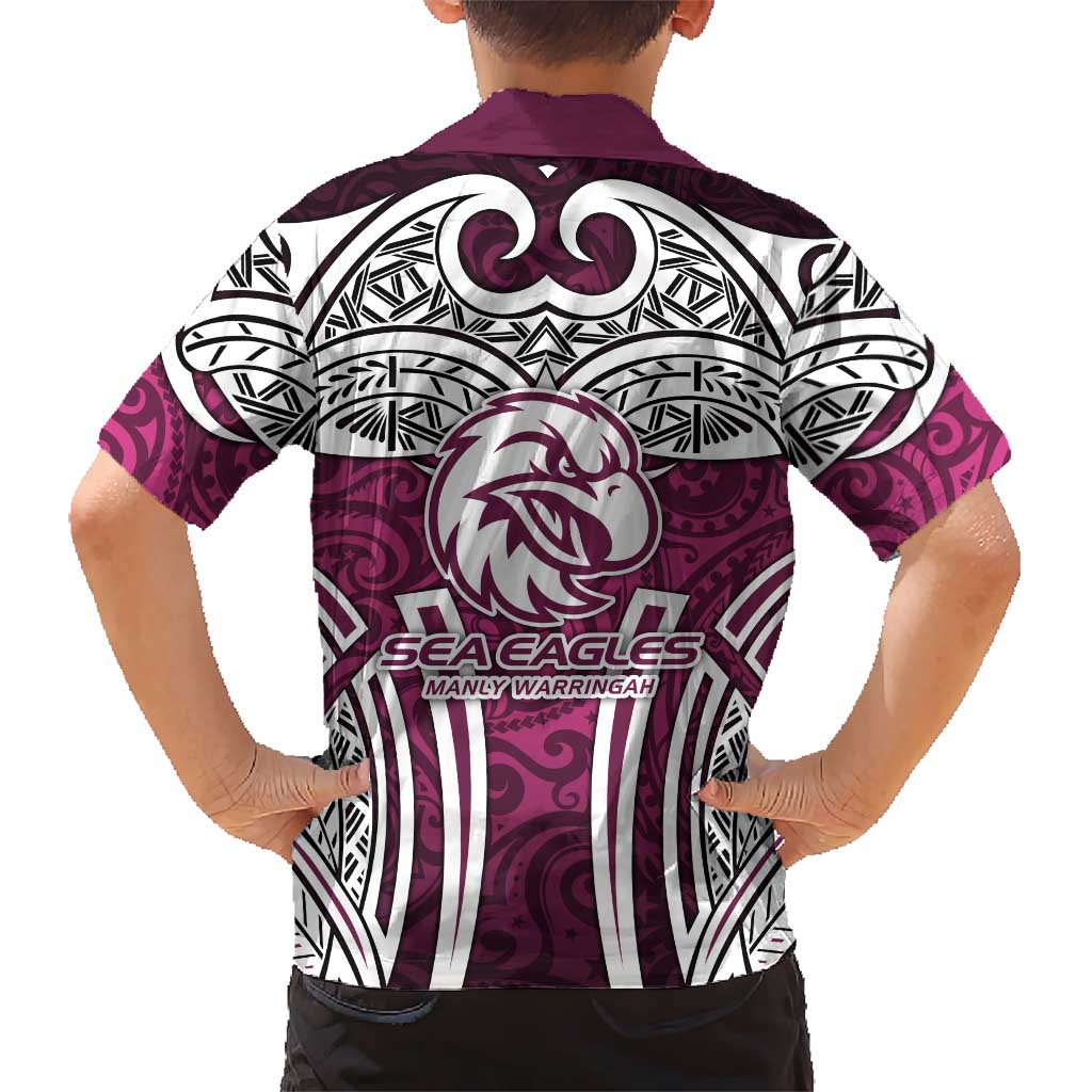 Manly Warringah Sea Eagles Rugby Family Matching Short Sleeve Bodycon Dress and Hawaiian Shirt Polynesian Tribal Eagle Warrior Maroon Pattern