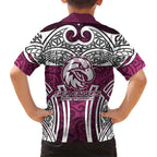Manly Warringah Sea Eagles Rugby Family Matching Short Sleeve Bodycon Dress and Hawaiian Shirt Polynesian Tribal Eagle Warrior Maroon Pattern