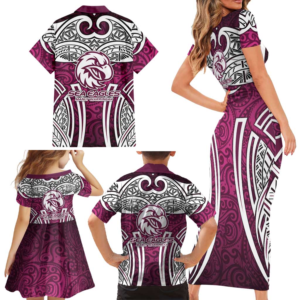 Manly Warringah Sea Eagles Rugby Family Matching Short Sleeve Bodycon Dress and Hawaiian Shirt Polynesian Tribal Eagle Warrior Maroon Pattern