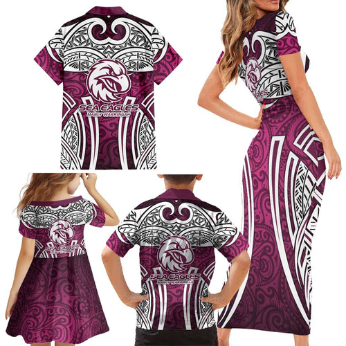 Manly Warringah Sea Eagles Rugby Family Matching Short Sleeve Bodycon Dress and Hawaiian Shirt Polynesian Tribal Eagle Warrior Maroon Pattern