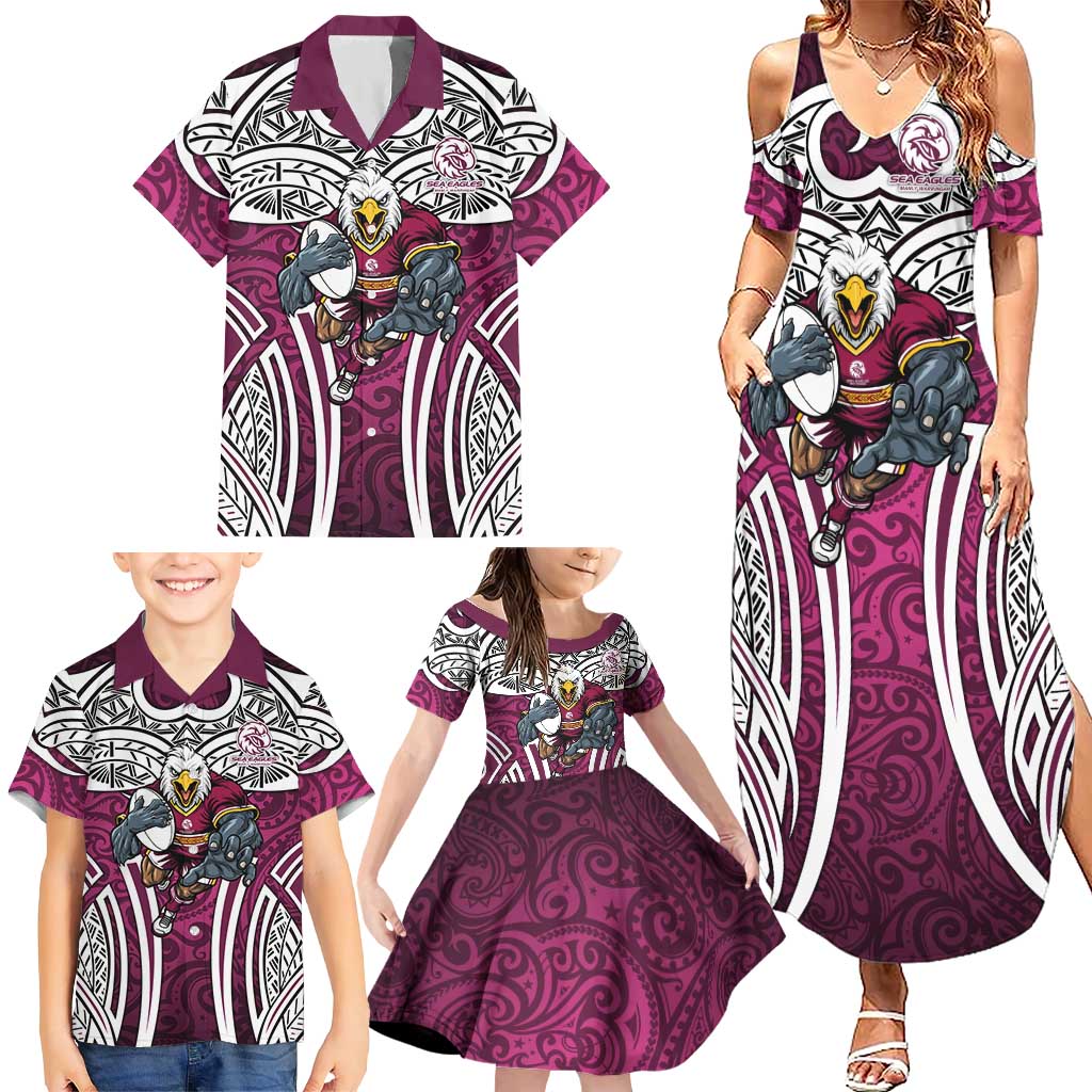 Manly Warringah Sea Eagles Rugby Family Matching Summer Maxi Dress and Hawaiian Shirt Polynesian Tribal Eagle Warrior Maroon Pattern