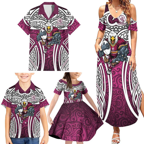 Manly Warringah Sea Eagles Rugby Family Matching Summer Maxi Dress and Hawaiian Shirt Polynesian Tribal Eagle Warrior Maroon Pattern
